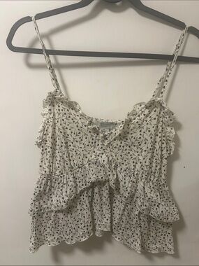 Ruffled Leaf-Print Cami Top - Cream with Black Leaf Detail